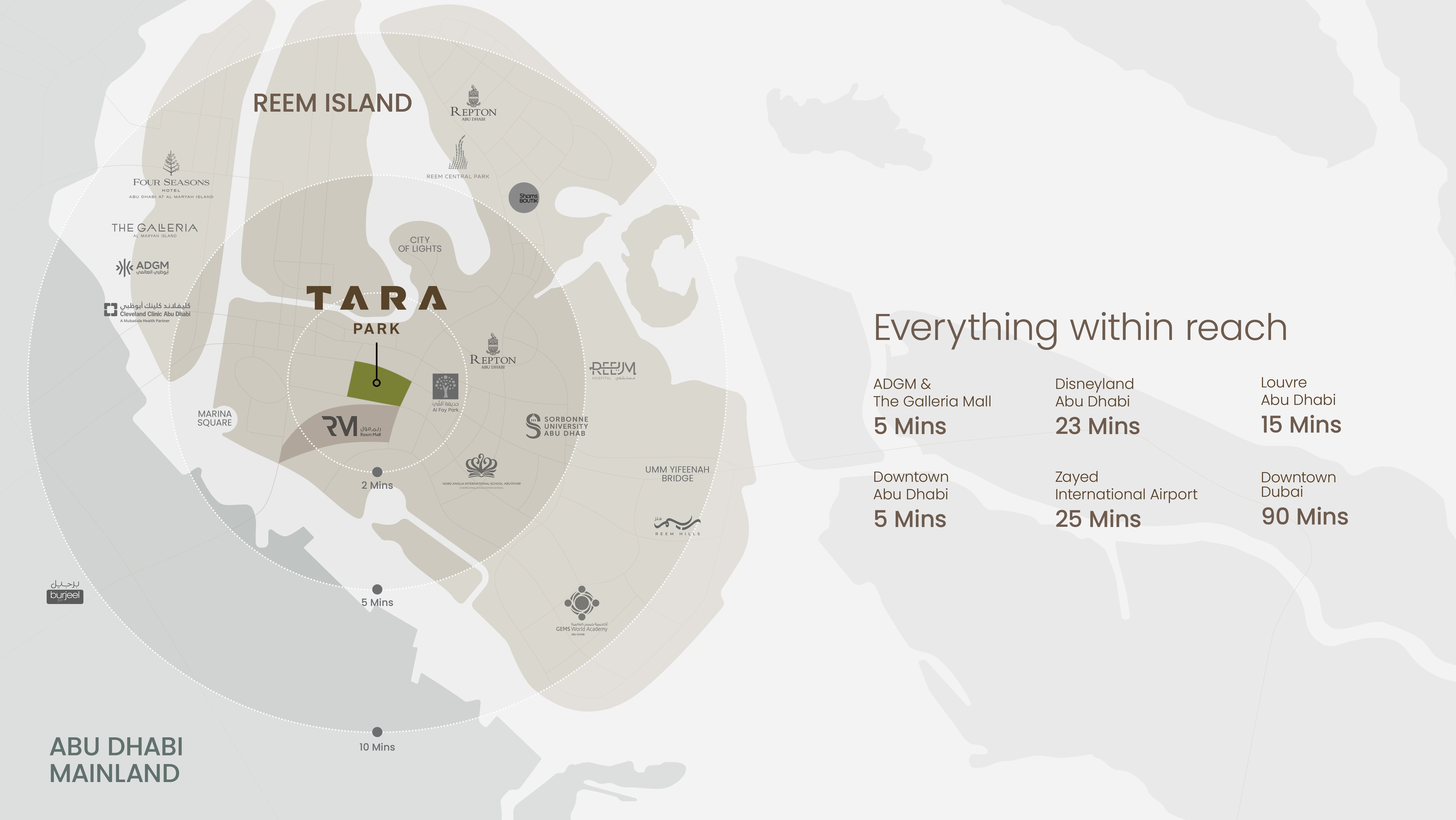 Tara Park location map showing Reem Island Abu Dhabi proximity to landmarks